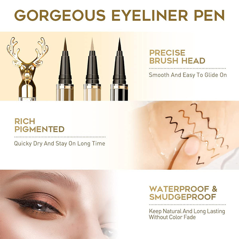 EYESEEK 3PCS Liquid Eyeliner,Waterproof Eyeliner No-Skip Eye Liner,Smudge Proof & Long Lasting Champagne Brown Black Eyeliner Pen Set,Go on Smooth,Cruelty-free & Vegan EYESEEK