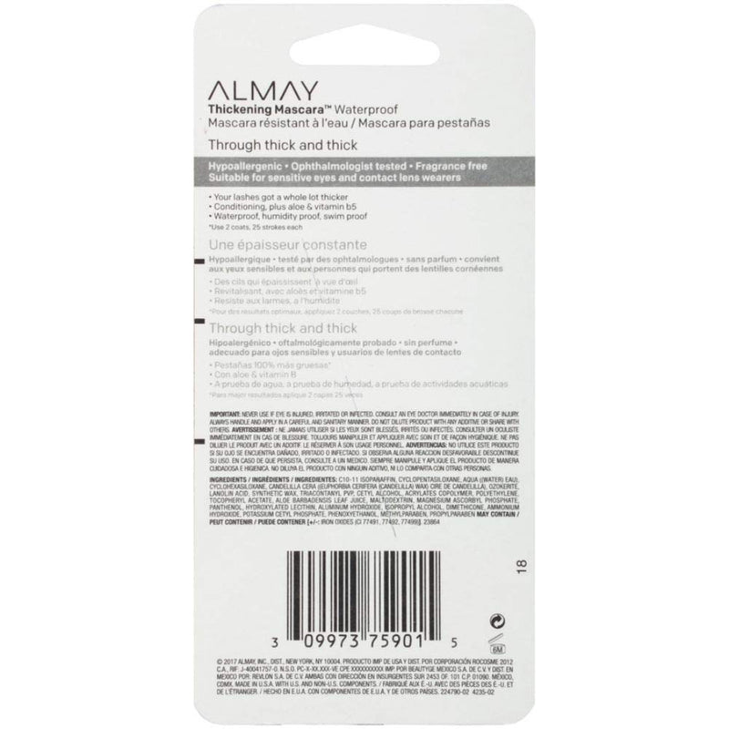 Waterproof Mascara by Almay, Thickening Volume & Length Eye Makeup, Ophthalmologist Tested, Fragrance Free, Hypoallergenic, Black, 0.26 Oz Almay