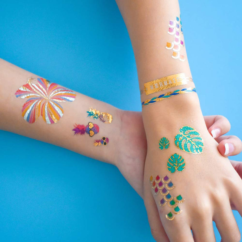 TROPICAL BRIGHTS VARIETY SET Flash Tattoos set of 25 assorted tropical inspired premium waterproof colorful metallic gold & silver jewelry temporary foil party tattoos - Party Supplies Flash Tattoos