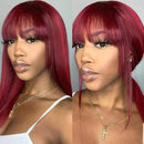 UNice Burgundy Silk Straight Human Hair Wig with Bangs, Mongolian Remy Hair Machine Made Glueless Non Lace Front Wigs for Women Red Color 150% Density (18 inch) UNICE Store