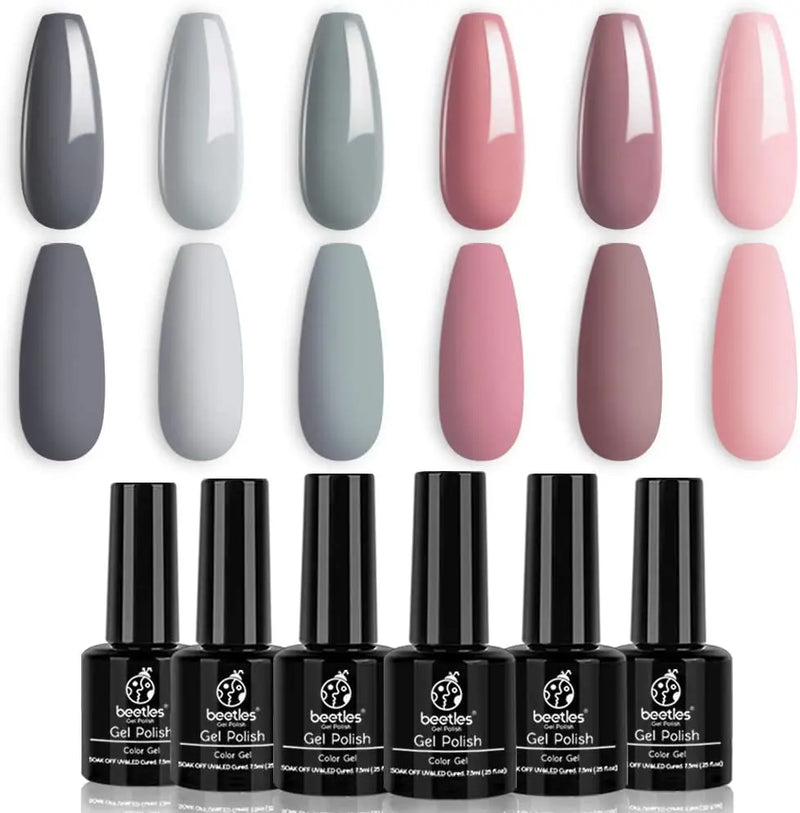Beetles BRIDESMAID BEAUTY Classic Gel Nail Polish Set - Nude Gray Pink 6 Colors Gel Polish Kit Popular Nail Art Design Soak Off LED Lamp Nail Polish Gel Manicure Kit Holiday Git Set beetles Gel Polish