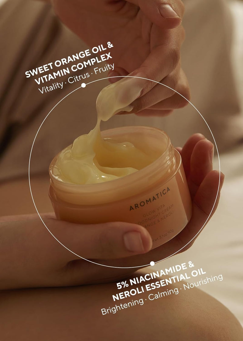 AROMATICA Glow Vita Goodnight Cream Orange & Neroli 3.1fl oz/90g - Night Cream Moisturizer For Face & Neck | Anti Aging Wrinkle Cream with Vitamin C, 5% Niacinamide Infinity Warehouse