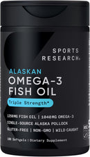 Sports Research Triple Strength Omega 3 Fish Oil - Burpless Fish Oil Supplement w/EPA & DHA Fatty Acids from Single-Source Wild Alaskan Pollock - 1250 mg, 90 ct Infinity Warehouse