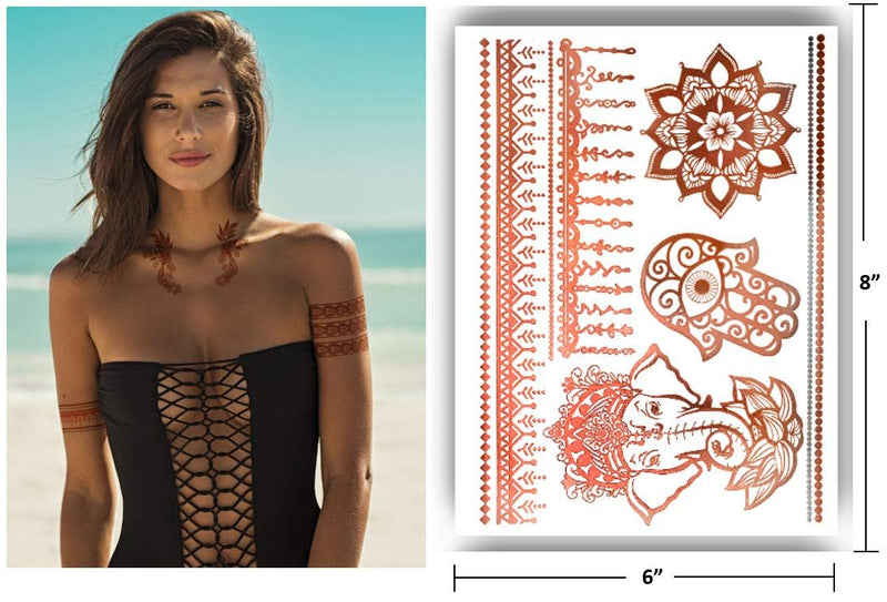 Terra Tattoos Rose Gold Henna Temporary Tattoos 75+ Mandala Tattoos Flowers, Mandalas, Elephants Waterproof Nontoxic Long Lasting Perfect for Beach, Festivals, & Parties Terra Tattoos