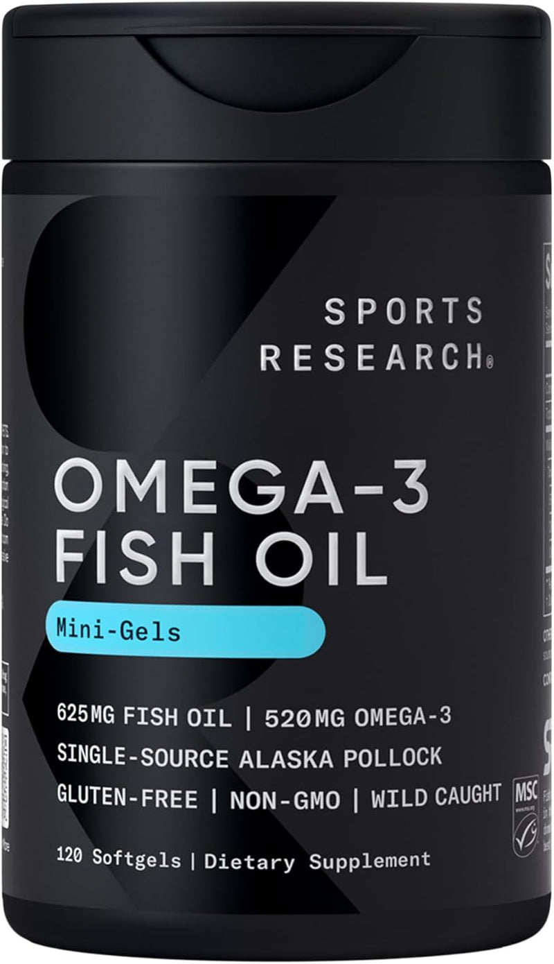 Sports Research Triple Strength Omega 3 Fish Oil - Burpless Fish Oil Supplement w/EPA & DHA Fatty Acids from Single-Source Wild Alaskan Pollock - 1250 mg, 90 ct Infinity Warehouse