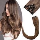 Benehair Clip in Remy Hair Extensions Human Hair Light Brown for Women 20 inch Seamless Clip on Real Hair Skin Weft Clip ins Thin 8pcs Standard Weft Long Straight Hairpieces for Full Head