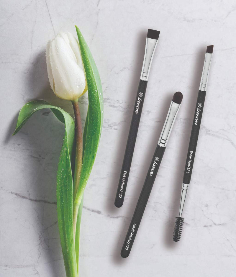 Eyebrow Brush - Duo Eye Brow Spoolie - Angled Eyeshadow Eyeliner - Precision Flat Definer - Small Shader - Premium Quality 3 Piece Set - Cruelty Free Synthetic Bristles - Apply Gel Powder Wax Pomade Lamora