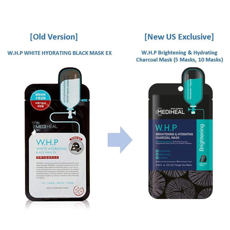 MEDIHEAL Official [Korea's No 1 Sheet Mask] - 5 Pack W.H.P Hydrating Charcoal Mask / Super Moisturizing & Brightening Facial Mask, Premium Charcoal Bamboo Sheet Mediheal