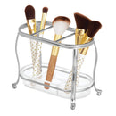 mDesign Decorative Makeup Brush Storage Organizer Tray Stand for Bathroom Vanity Counter Tops, Dressing Tables, Cosmetic Stations - 3 Sections with Removable Bottom Tray - Chrome/Clear mDesign