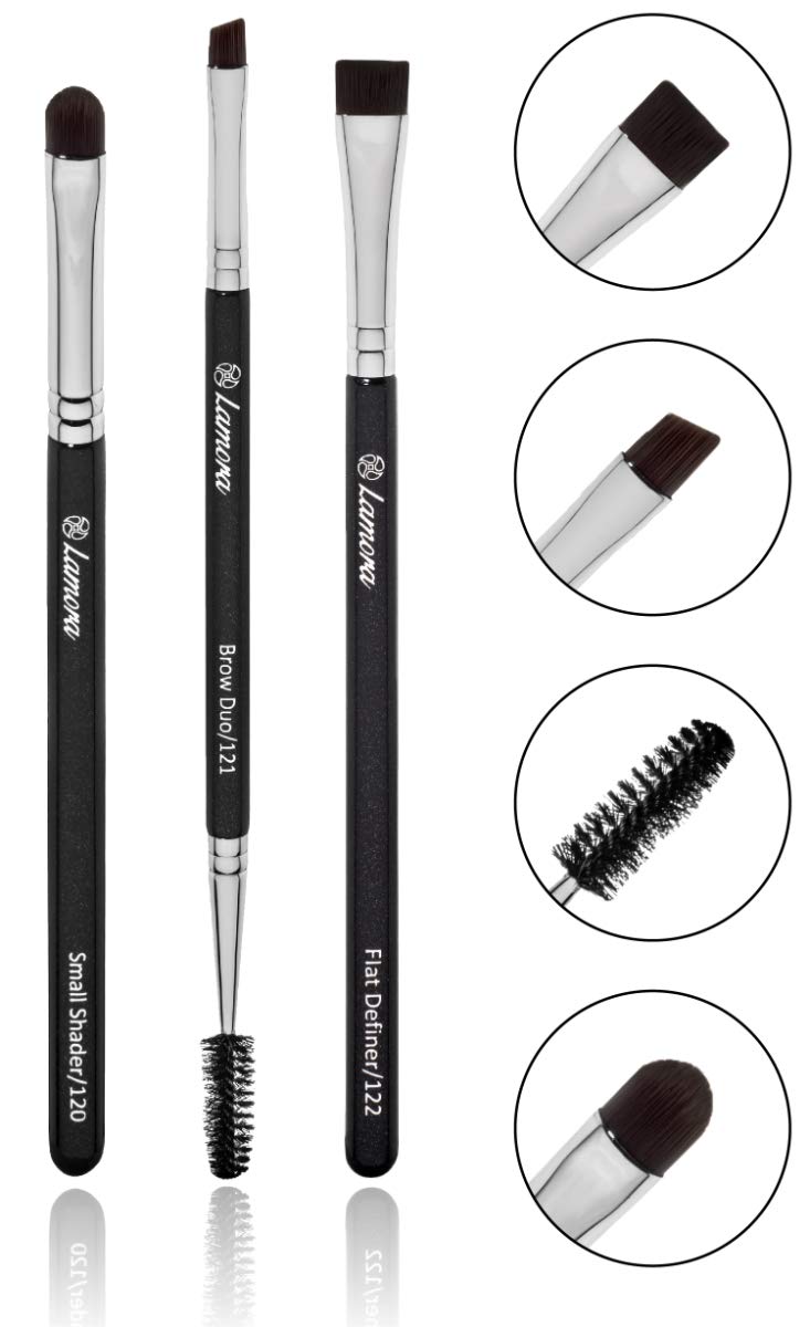 Eyebrow Brush - Duo Eye Brow Spoolie - Angled Eyeshadow Eyeliner - Precision Flat Definer - Small Shader - Premium Quality 3 Piece Set - Cruelty Free Synthetic Bristles - Apply Gel Powder Wax Pomade Lamora