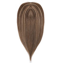 Hairro 16 Inch Silk Base Clip in Human Hair Topper for Women Highlight Medium Brown to Dark Blonde Crown Top Clip on Toupee Extensions with 4 Clips Filler Hairpiece for Thinning Hair