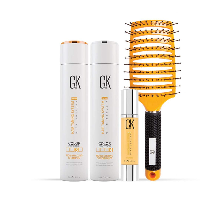 Global Keratin GK Hair Moisturizing Shampoo and Conditioner Set 300ml I Organic Argan Oil Hair Serum 50ml For Frizz Control Dry Damage Hair Repair I Vent Brush (2.5 Inch) Rubber Handle Global Keratin