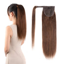 Remy Ponytail Extensions Hair Clip in 16 inches 65g Medium Brown Color Straight Drawstring Warp Around Human Ponytail Hair Piece for Women (16"-65g, Medium Brown
