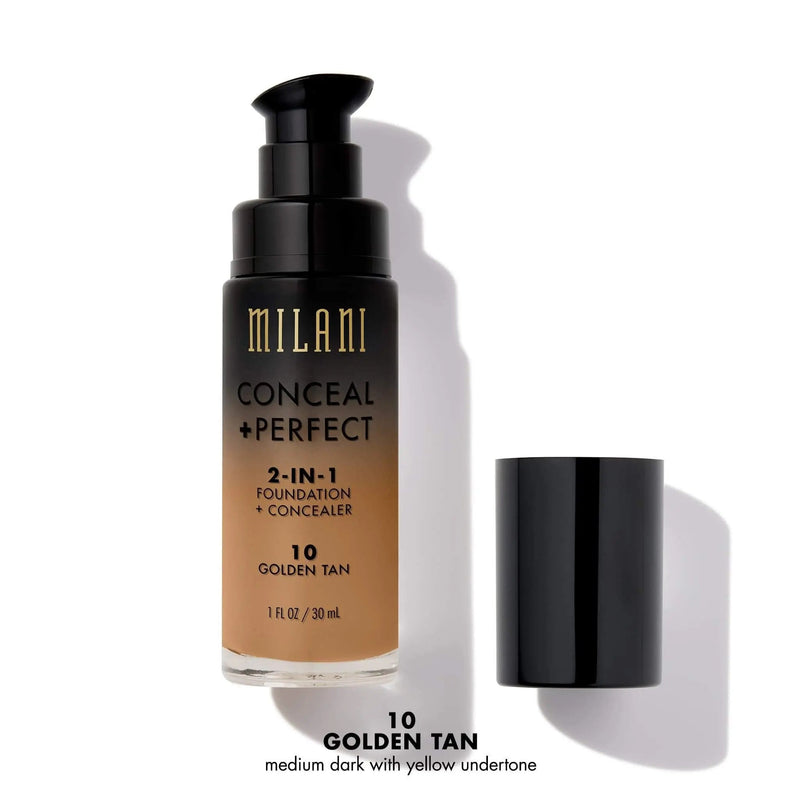 Milani Conceal + Perfect 2-in-1 Foundation + Concealer - Golden Tan (1 Fl. Oz.) Cruelty-Free Liquid Foundation - Cover Under-Eye Circles, Blemishes & Skin Discoloration for a Flawless Complexion Milani