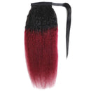 Feelgrace 100% Brazilian Human Hair Extension Wrap Around Kinky Straight Ponytail Hairpiece Ombre Burgundy Magic Paste 3C Yaki Straight Pony Tail Clip In Hairpiece 18 Inches Feelgrace