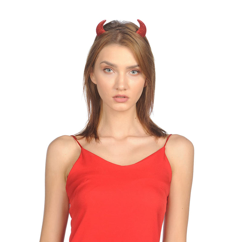 FUNCREDIBLE Red Devil Horns Headband | Glitter Devil Ears Headband | Devil Costume Accessory | Halloween Fancy Cosplay Outfit Accessories for Women, Men and Kids (Red) Funcredible