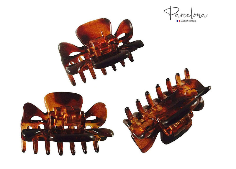Parcelona French Classic Tortoise Shell Brown Very Small 1 1/2" Claw Clips with Tight Spring Set of 3 Girls Hair Jaw Claw Clips Durable Styling Paris Hair Accessories for Women No Slip, Made in France Parcelona