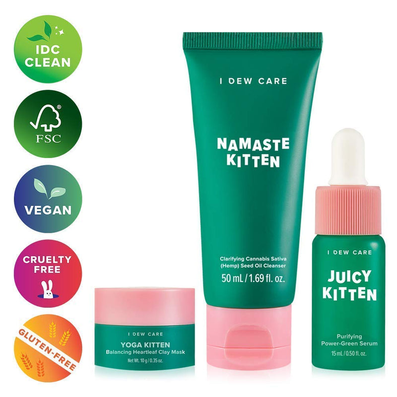 I DEW CARE Kitten My Balance On Facial Treatment Set + Soft Silicone Face Mask Brush + Black Cat Spa Headband Bundle I DEW CARE