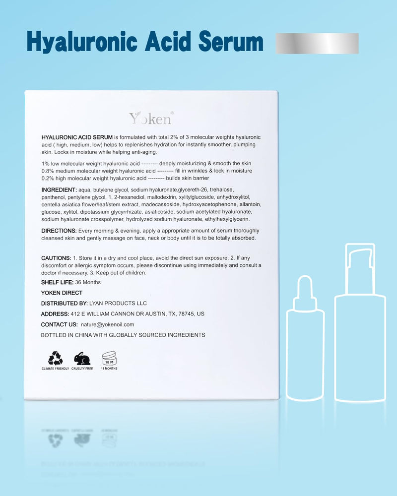 Yoken EWG Verified Hyaluronic Acid Serum for Face 8 + 2 fl oz, Vitamin B5 & Triple Pure Hyaluronic Acid 2%, Anti-aging Facial Serum for Fine Line Wrinkle Hydrating Serum Plump Dry Skin Fragrance-Free Infinity Warehouse