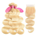 Aopusi 613 Blonde Hair Bundles with Closure (16 18 20+14,Free Part) Brazilian Human Hair Body Wave Bundles with 4×4 Lace Closure Virgin Hair 3 Bundles with Closure Body Wave Human Hair with Closure Aopusi