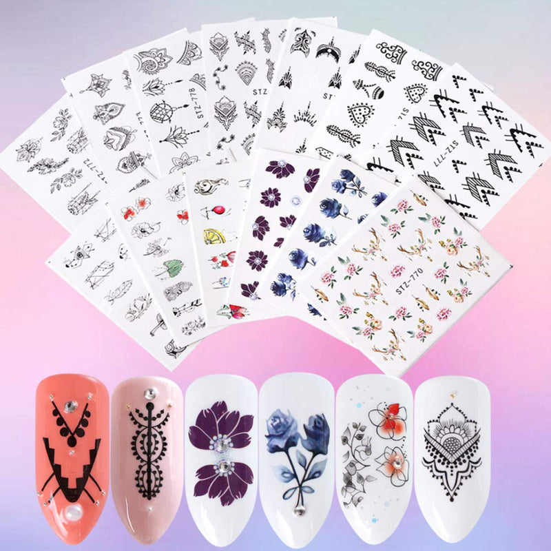 13 Sheets Black Nail Art Stickers Water Transfer Decals Nail Supplies Decorations Accessories with Flowers Necklace Jewelry Dream Catcher Feather Design Foil Tattoo for DIY Nail Manicure Tips ARTEM