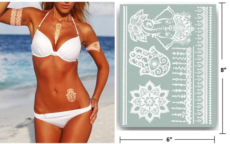 Terra Tattoos White Henna Temporary Tattoos 75+ Mandala Tattoos Flowers, Mandalas, Elephants & more! Waterproof Nontoxic Long Lasting Perfect for Beach, Festivals, & Parties Terra Tattoos