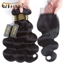 QTHAIR 10A Brazilian Body Wave 3 Bundles with Closure(18" 20" 22"+18") 100% Unprocessed Brazilian Virgin Body Wave Human Hair Weave with 4x4 Swiss Lace Closure(130% Density) QTHAIR Store
