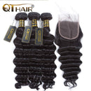QTHAIR 12A Brazilian Loose Deep Wave Human Hair Bundles with Closure(12" 14" 16"+10",Natural Black) 130% Density Swiss Lace Brazilian Human Hair Lace Closure 100% Unprocessed Brazilian Virgin Hair QTHAIR