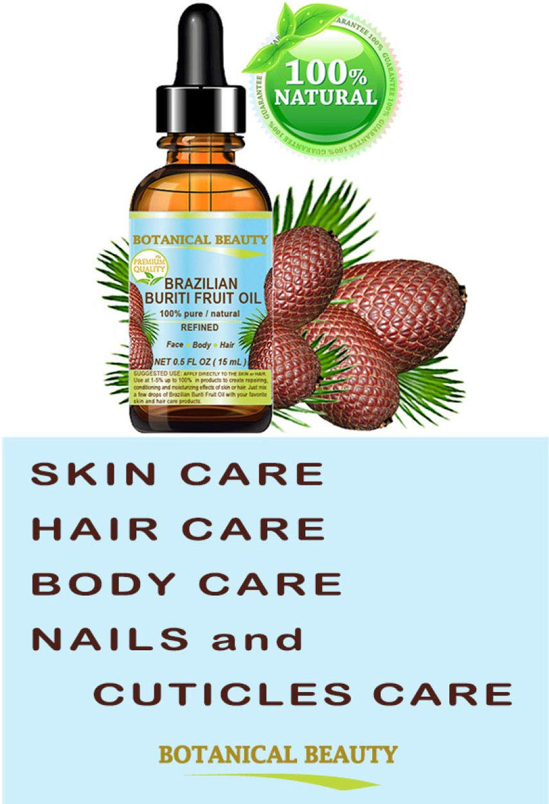 BURITI FRUIT OIL Brazilian. 100% Pure / Natural / REFINED Undiluted Cold Pressed Carrier Oil . For Face, Body, Hair, Lip and Nail Care. 0.5 fl oz- 15 ml. "One the richest natural source of vitamin A, E and C" From Amazon Rainforest. by Botanical Beauty Botanical Beauty