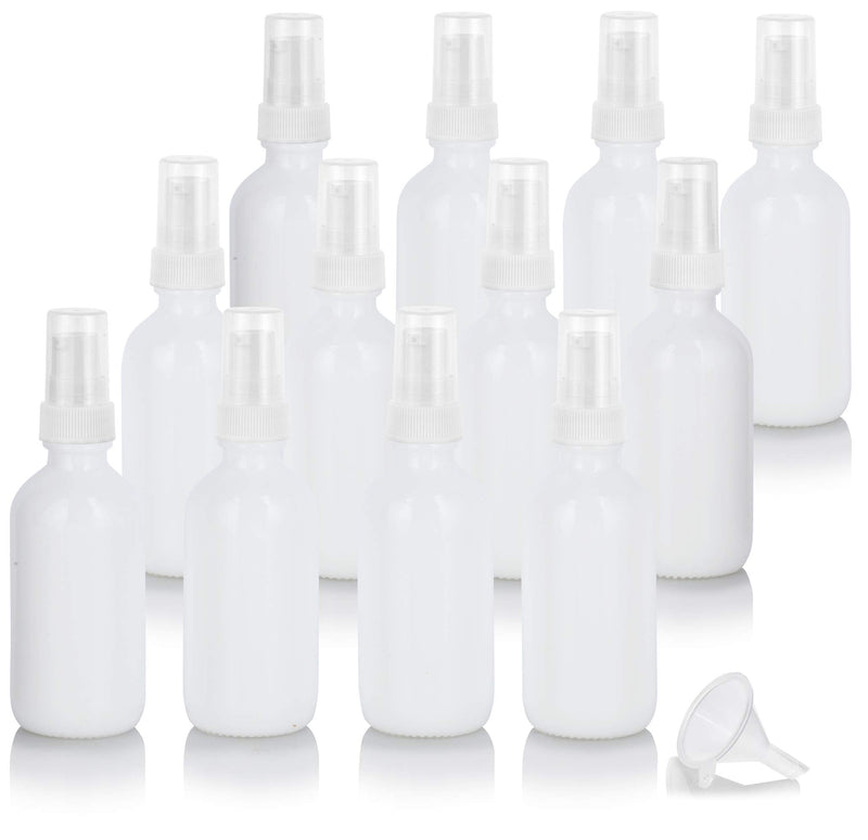 2 oz Opal White Glass Boston Round White Treatment Pump Bottle (12 pack) + Funnel JUVITUS Store
