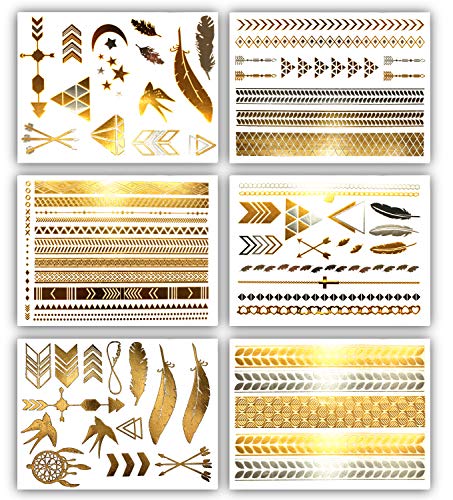 Terra Tattoos Gold Metallic Temporary Tats 75+ Geometric Henna Designs Moon, Stars, Arrows, Feathers Waterproof Nontoxic Long Lasting Perfect for Beach, Festivals, & more! Terra Tattoos