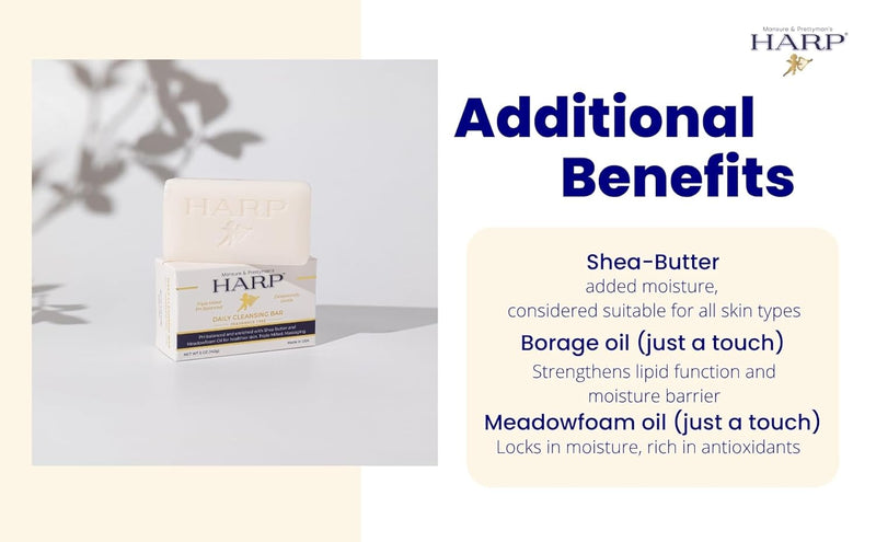 HARP pH-Balanced (5.0-6.0) Body Wash Bar. 100% Syndet. Protects Moisture Barrier For Sensitive, Dry or Irritated skin. + Shea Butter/Borage Oil. Non-Comedogenic. FRAGRANCE FREE Infinity Warehouse