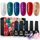 MILD EAST Gel Nail Polish Kit, 6 Colors Glitter Nail Polish Pink Green Blue Red Gold Silver Gel Nail Polish Set UV Gel Nail Polish with Acrylic Powder, Glossy/Matte Nail Polish Gift Set for Women MILD EAST