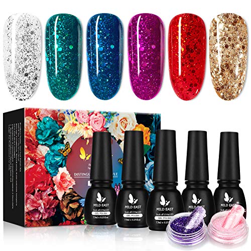 MILD EAST Gel Nail Polish Kit, 6 Colors Glitter Nail Polish Pink Green Blue Red Gold Silver Gel Nail Polish Set UV Gel Nail Polish with Acrylic Powder, Glossy/Matte Nail Polish Gift Set for Women MILD EAST