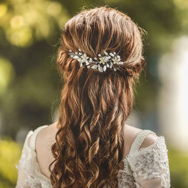 Yean Leaf Bridal Hair Vine Flower Pearl Wedding Hair Piece Rhinestone Hair Accessories for Women and Girls (Silver) Yean
