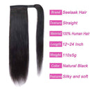 Seelaak Long Straight Remy Human Hair Ponytail Extension Wrap Around Ponytail Hair Piece with Clips Magic Paste Binding Pony Tail Hairpiece 1B