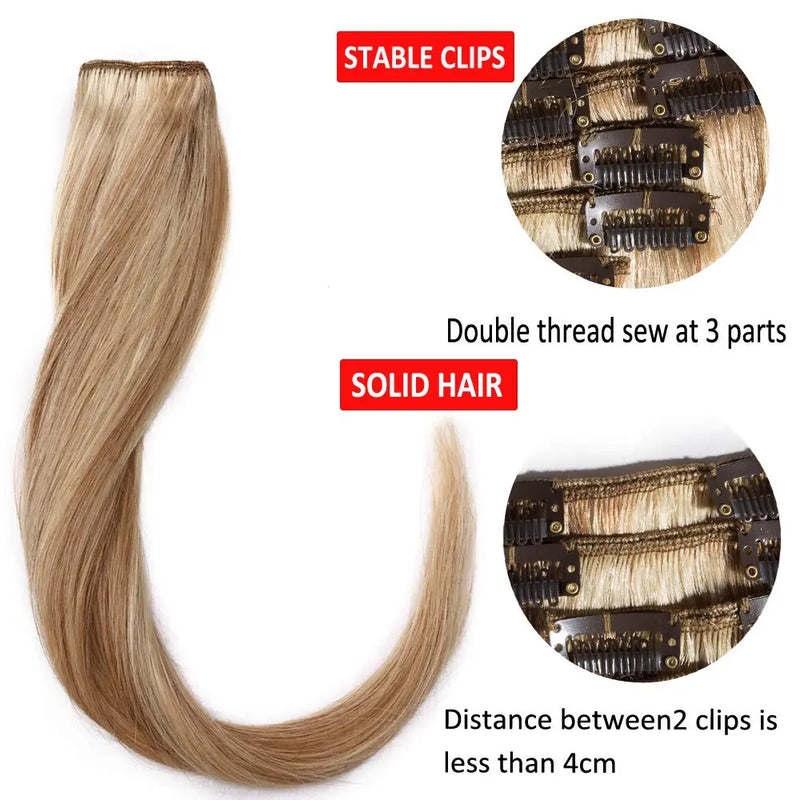 20 Inch Clip in Hair Extensions Human Hair Thin Standard Weft 8 Pcs Clip on Human Hairpieces Highlighted Silky Straight Hair for Women Beauty Balayage