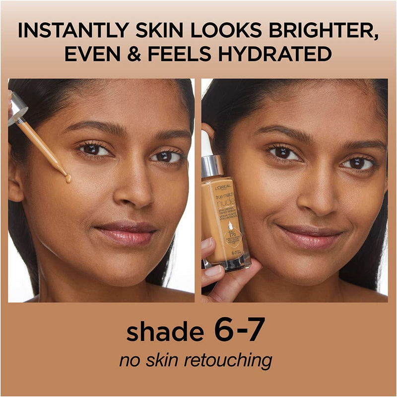L'Oreal Paris True Match Nude Hyaluronic Tinted Serum The 1st Tinted serum with 1% Hyaluronic acid Instantly skin looks brighter, even and feels hydrated Makeup + Skincare, Tan 6-7, 1 fl. oz. L'Oreal Paris
