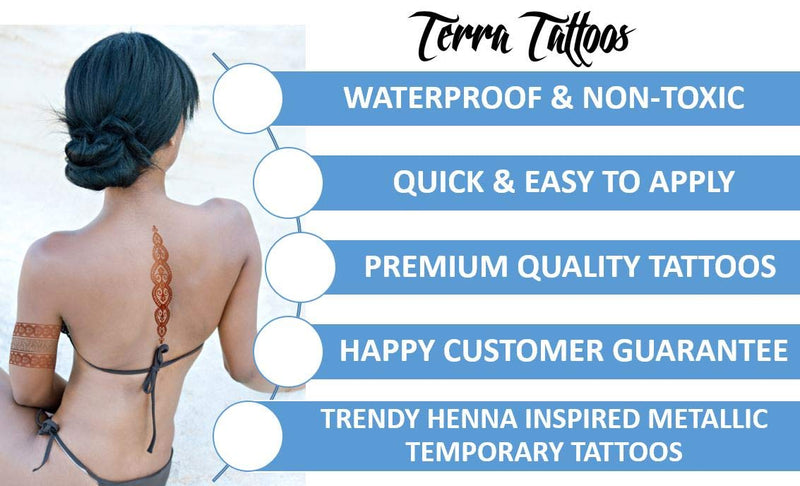 Terra Tattoos Rose Gold Henna Temporary Tattoos 75+ Mandala Tattoos Flowers, Mandalas, Elephants Waterproof Nontoxic Long Lasting Perfect for Beach, Festivals, & Parties Terra Tattoos