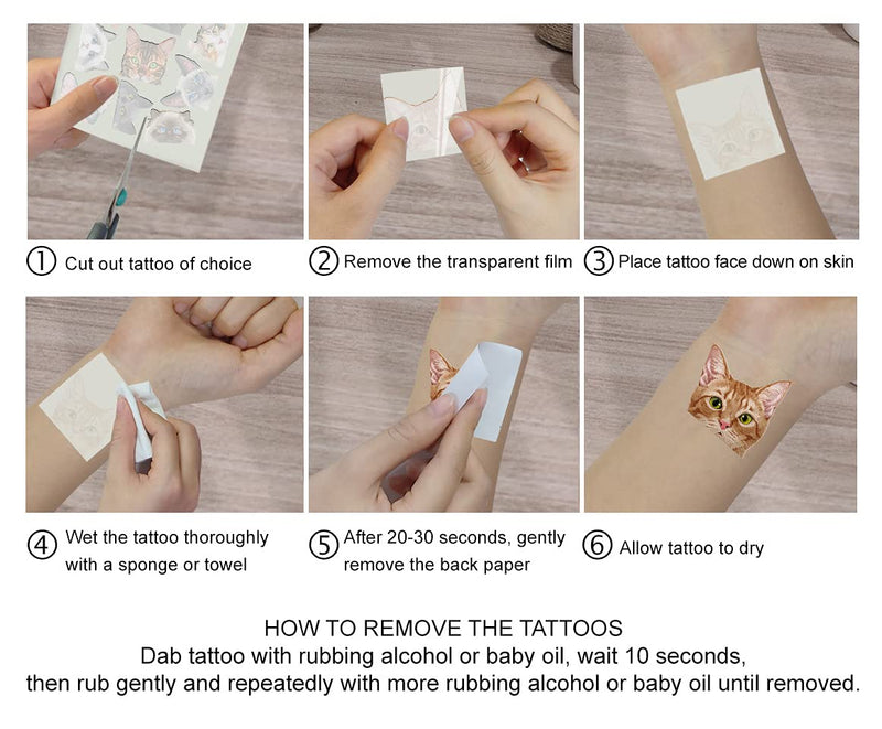 WIRESTER Temporary Tattoo Stickers for Girls Boys Kids Adults, Fake Tattoos on Face Hand Neck Wrist Party Favor Body Art, Tattoo Sheet 6 x 7.87 inch - Cat Designs (Tuxedo, Tabby Kitten, Ragdoll Cat) WIRESTER