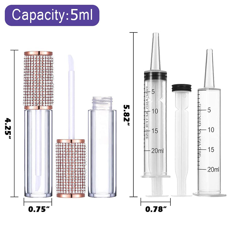 24 Pack Crystal Rhinestone Lip Gloss Tubes with Wand 5ml Empty Lip Gloss Containers Lipgloss Bottles with Stoppers Free 5pcs Mylar Bags + 2pcs Syringes for DIY Lip Gloss Balm AMORIX