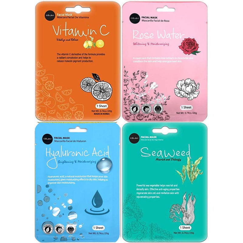 Celavi Face Mask Set Korean Beauty Essence Facial Paper Sheet Mask Korea Skin Care Moisturizing 3 of each 12 flavors (New) K-Beauty Skincare 36 masks in a pack Made in Korea Celavi Cosmetics