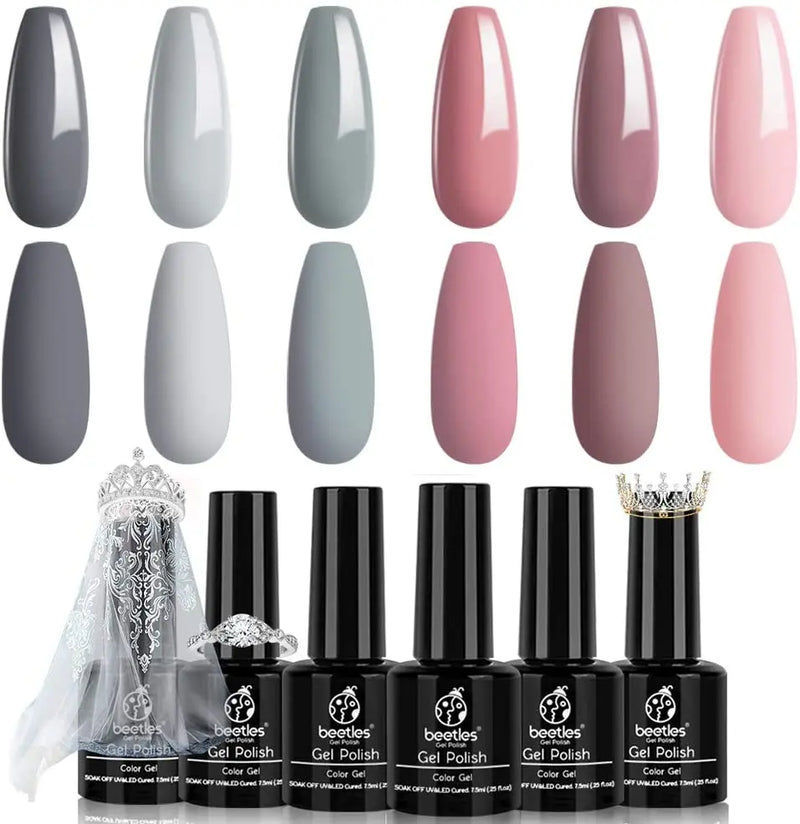 Beetles BRIDESMAID BEAUTY Classic Gel Nail Polish Set - Nude Gray Pink 6 Colors Gel Polish Kit Popular Nail Art Design Soak Off LED Lamp Nail Polish Gel Manicure Kit Holiday Git Set beetles Gel Polish