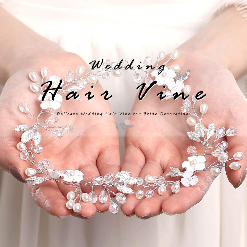 Aukmla Bride Wedding Crystal Hair Vine Pearls Head Pieces Leaf Hair Accessories for Women (Silver) Aukmla