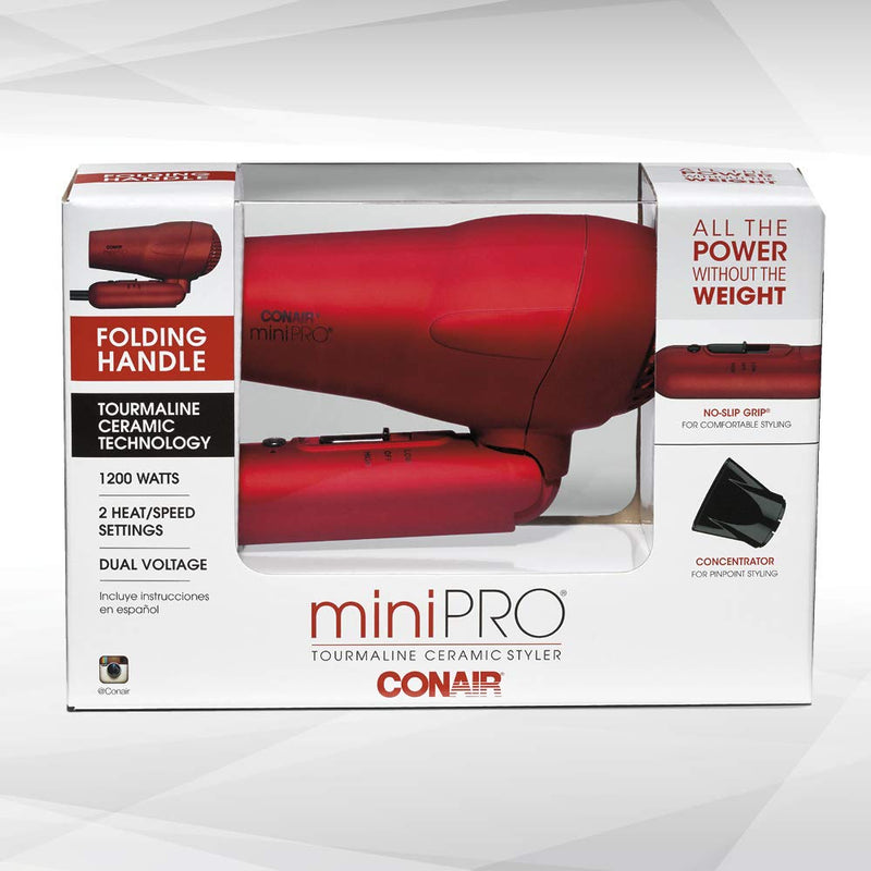 Conair miniPRO Tourmaline Ceramic Travel Hair Dryer with Folding Handle, Red Infinity Warehouse