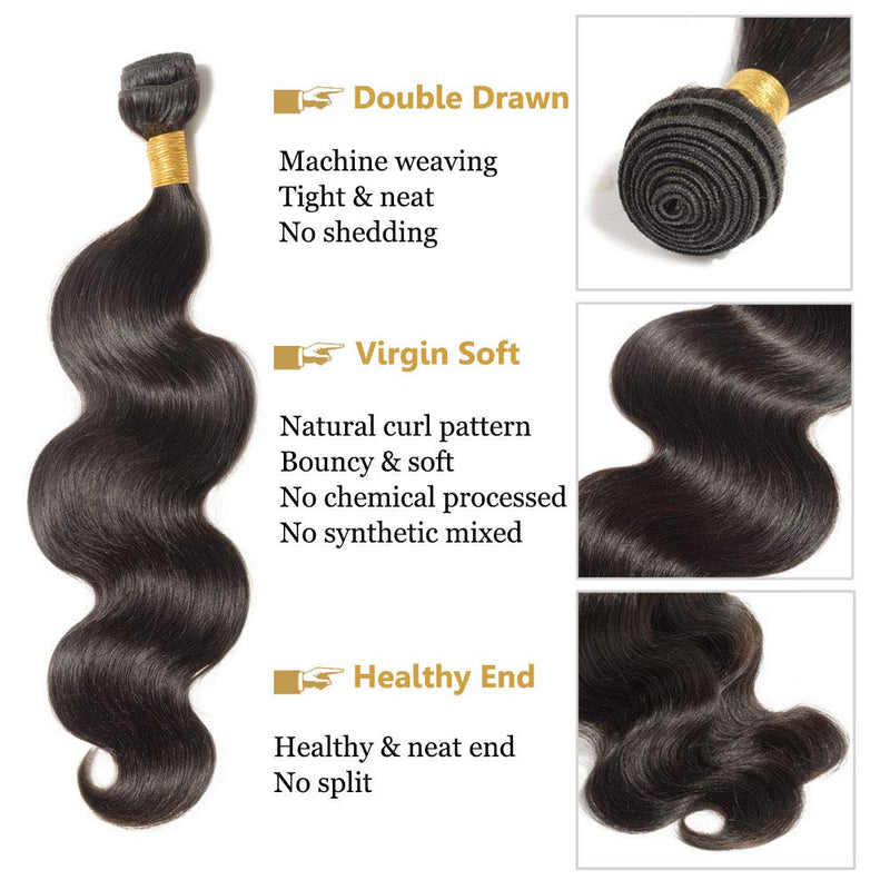 20 Inch Human Hair Weft Sew In Natural Black Brazilian Hair 3 Bundles Long Body Wave Unprocessed Hair Weave Extensions for Women 20"x3