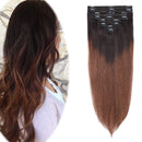 Hairro Clip in Hair Extensions Human Hair Thin Ombre Natural Black to Medium Brown 18 Inch Long Straight Human Hair Clip on Hairpieces 70g Machine Weft 8pcs 18 Clips for Women