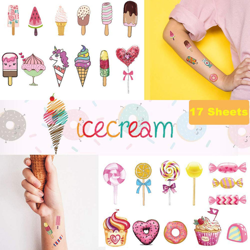 Ooopsi Ice Cream Temporary Tattoos for Kids 180PCS - Ice Cream, Lollies, Cookie, Cake Tattoo Stickers - Sweet Summer Tattoos Sticker for Girl Birthday Party Decorations Supplies Favors(17 Sheets) Ooopsi