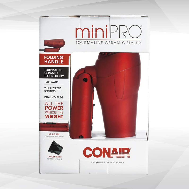 Conair miniPRO Tourmaline Ceramic Travel Hair Dryer with Folding Handle, Red Infinity Warehouse