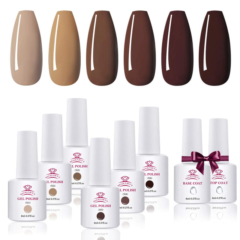 Makartt Gel Nail Polish Kit - 6 Brown Gel Polish Kit Chocolate Gel Nail Kit Glossy Base Coat Top Coat Autumn Winter Nail Polish 8ML Soak Off UV Nail Gel Fall Gel Polish Gift for Women Beauty Gift Sets Makartt